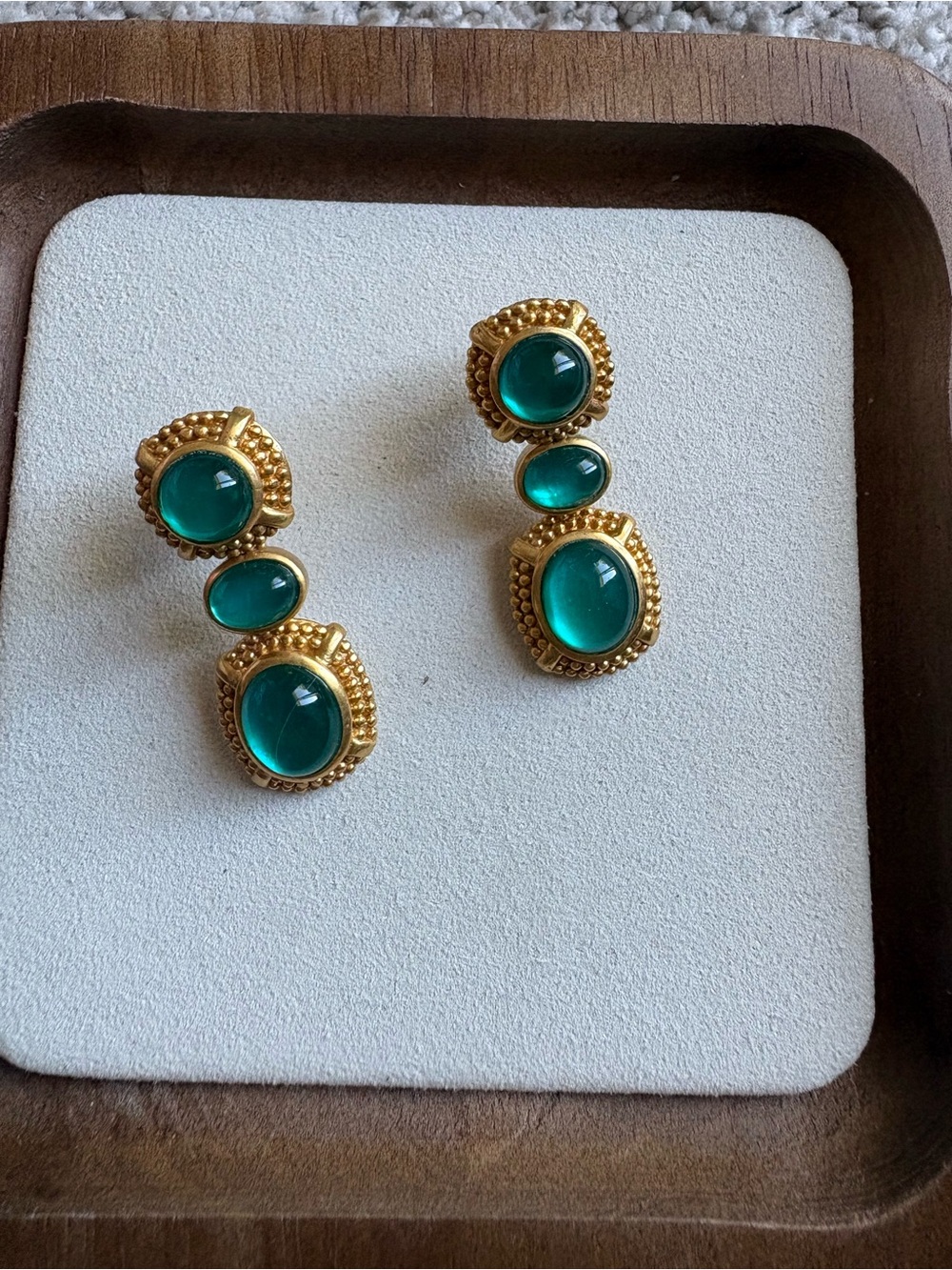 Julie Vos Gold-Tone Drop Earrings with Green Cabochons - Picture 5 of 6